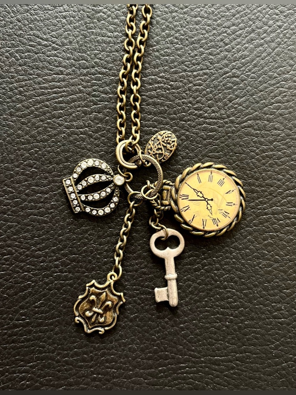 Claire’s Steampunk Antique-Style Brass Key and Watch Fleur de Lis Charm Necklace